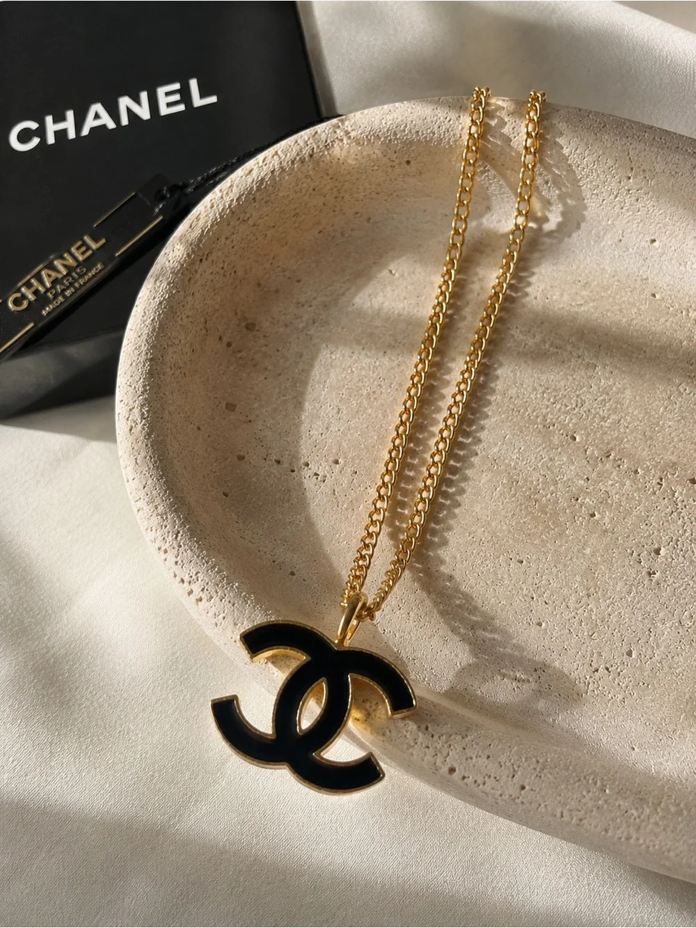 Vintage CHANEL 02A Black Enamel Gold CC Logo Pendant Necklace